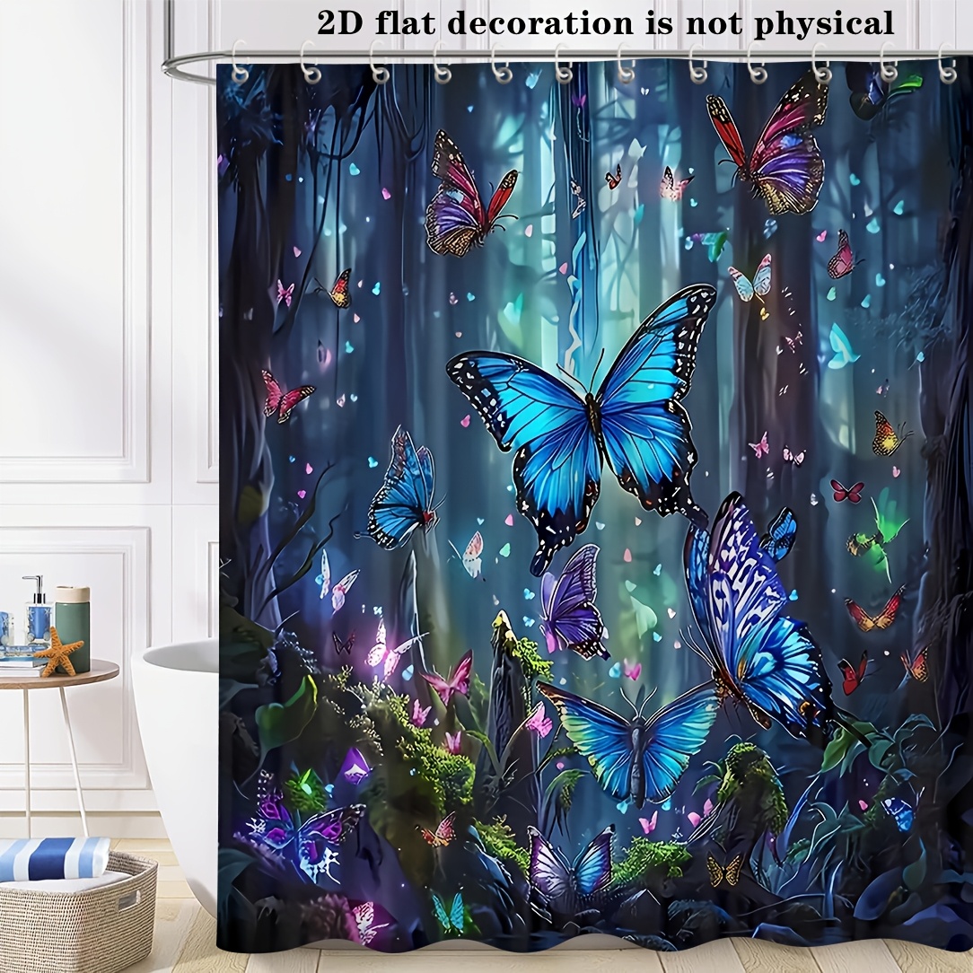 TEMU Une rideau de douche de 70,87 pouces par 70,87 pouces avec un motif de papillons de forêt , livré avec des crochets - Convient à toutes et de
