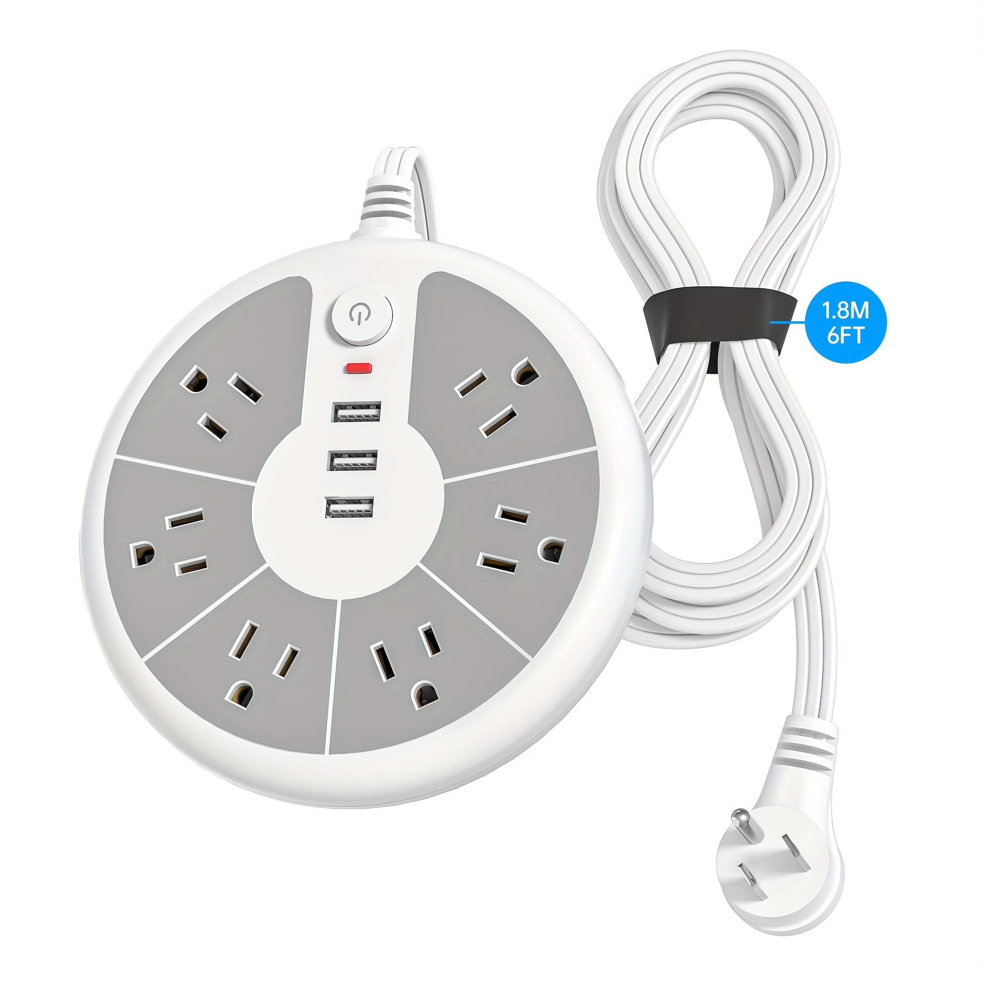 TEMU 6-outlet Strip With 3 Usb Ports & Individual Switches | White & Gray Desktop Extension Cord | Surge Protector For Home Office | Charging Station