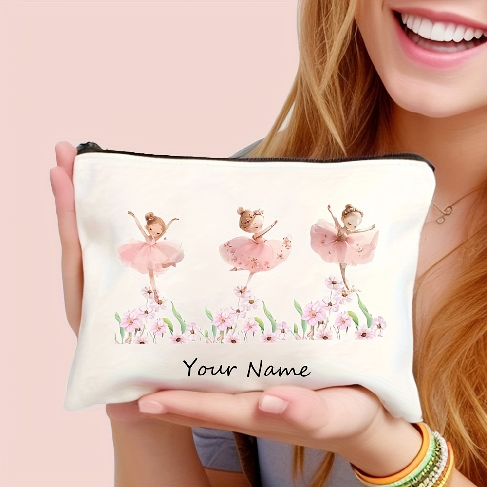 TEMU Customizable Cute Cartoon Pink Floral Themed Design Elements Featuring A Ballet Girl, This Adorable Makeup Bag Is Durable And , Perfect For