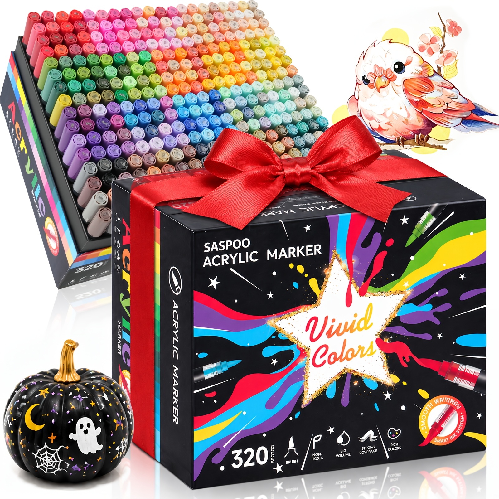 Image of 320pcs Stone Pattern Straight Liquid Acrylic Pigment Marker Set, Soft Haired Brush Head Marker With Ink Window, Suitable For Rock Painting And Professional Art Applications