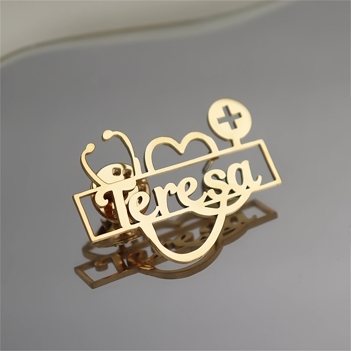 Image of A Custom Stylish Hollow Heart Stethoscope Name Brooch Made Of Stainless Steel, Exquisite And Elegant, Perfect Gift For Doctors And Nurses, A Versatile Accessory For Everyday Wear