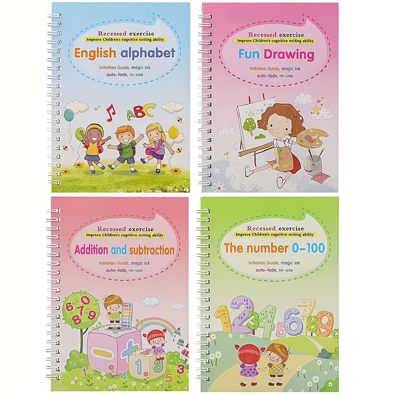 Image of 4pcs Copybooks Set For Kids, Reusable 3d Writing Pad, Letters, Numbers, Painting And Math Workbooks For Preschoolers - Educational Handwriting Practice Ki