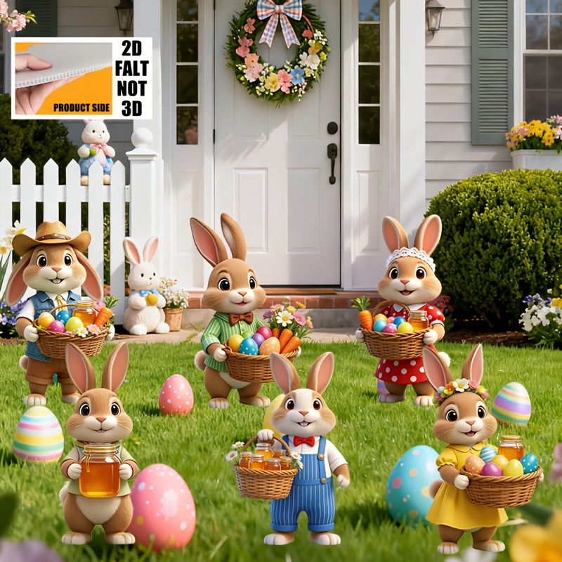 [2d Flat] 2d Flat, Jiay01 Easter Decorations Outdoor, 6pcs Easter Bunny Decor, Easter Yard Stakes With Bunny Egg Carrot, Outdoor Easter Decor For Party Supplies Prop Patio Lawn, 2d Flat