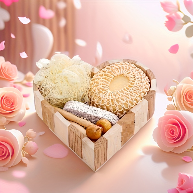 

Wooden Bathroom Set, Heart Shape, Includes Loofah, Stone, Massager And Brush, Natural And Body Care Kit, For Home And Bathroom Decoration, Bathroom Accessories