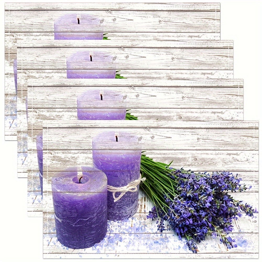 

4pcs, Table Pads, Rustic Linen Table Mats, Purple Lavender Candle Design, Elegant Dining Decor, Placemats For Home And Outdoor Use