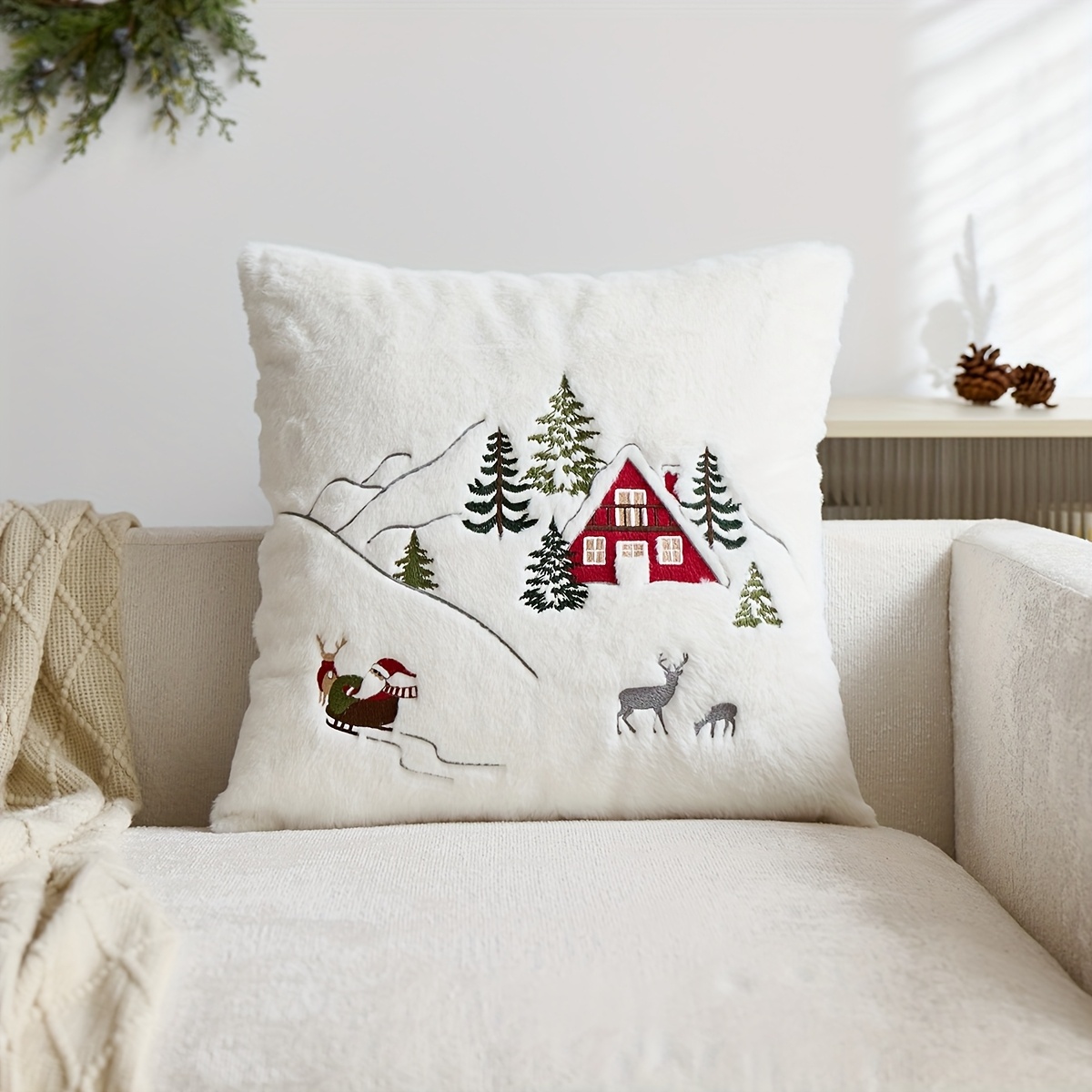 TEMU 1pc, Christmas Pillowcase, Santa And Christmas Trees Throw Pillow Covers, Single Side Embroidery, Suitable For Sofa, Living Room, Bedroom Home