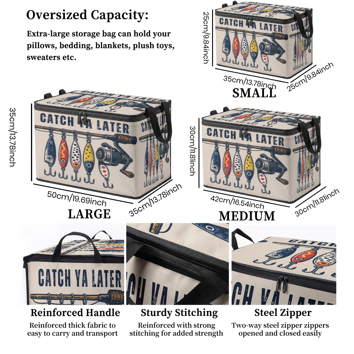TEMU 1pc Large Capacity Storage Box, Vintage Outdoor Fishing Tackle And Fish Hook Hand-painted Print , Sturdy And Durable Zipper, Portable And