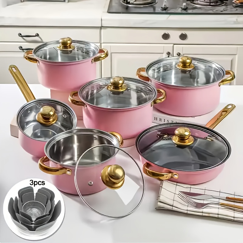 TEMU 1/10/12pcs Stainless Steel Cookware Set, Pots And Pans Set Non Stick, Kitchen Pink Cookware Sets, Pot And Pan Set, Cookware Set, Non Toxic