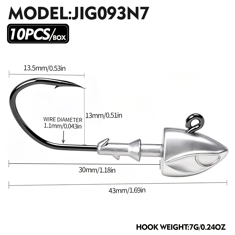 TEMU Hameçons de Pêche avec Tête de Jig, 10pcs/Boîte Hameçons de Jig en Plomb de avec Attache pour Appâts, Tête de Jig Barbelée en Acier à Haute