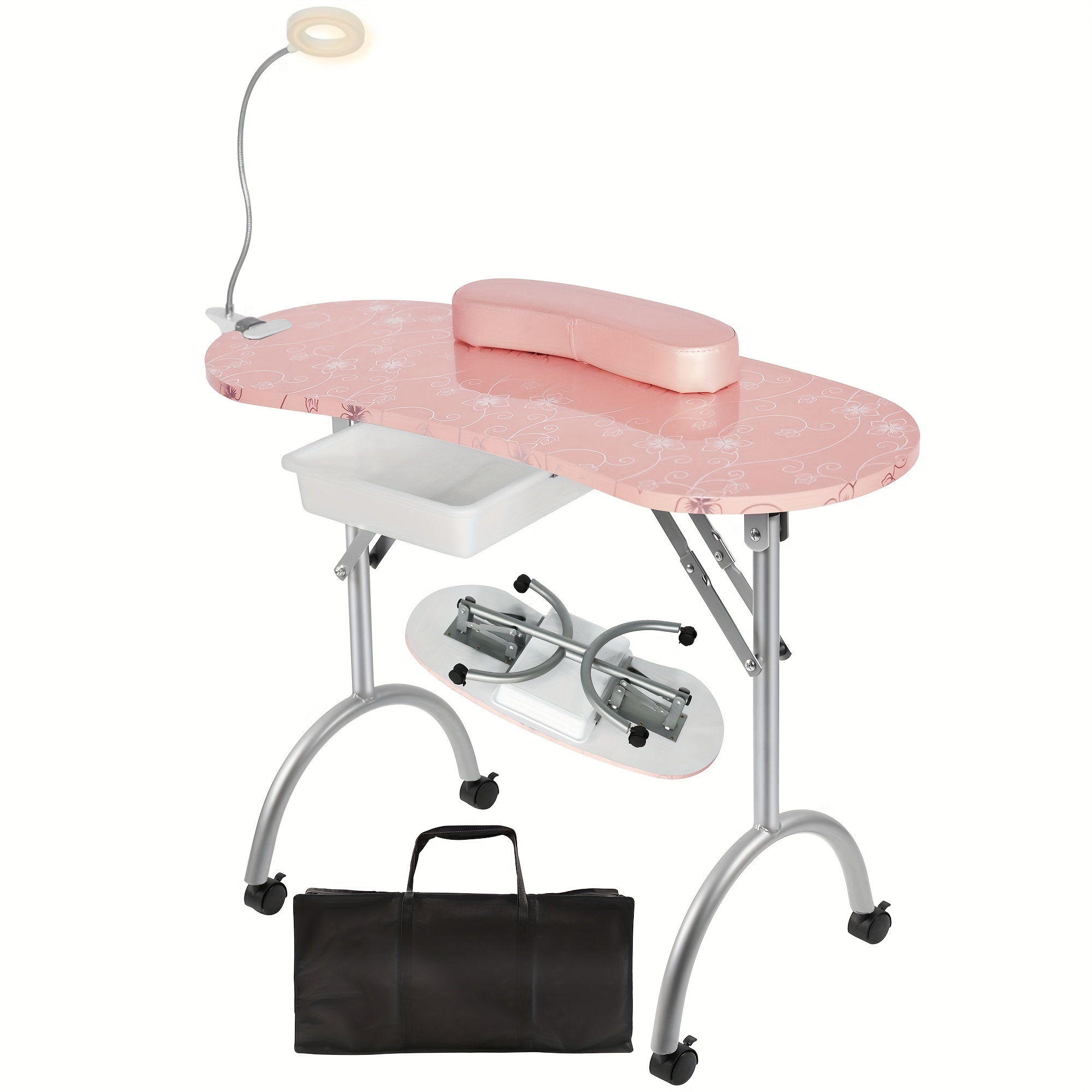 

Portable Manicure Nail Table, Foldable Manicure Table With Drawer, Led Lamp, 4 Lockable Wheels And Carry Bag, Professional Nail Desk With Wrist Cushion