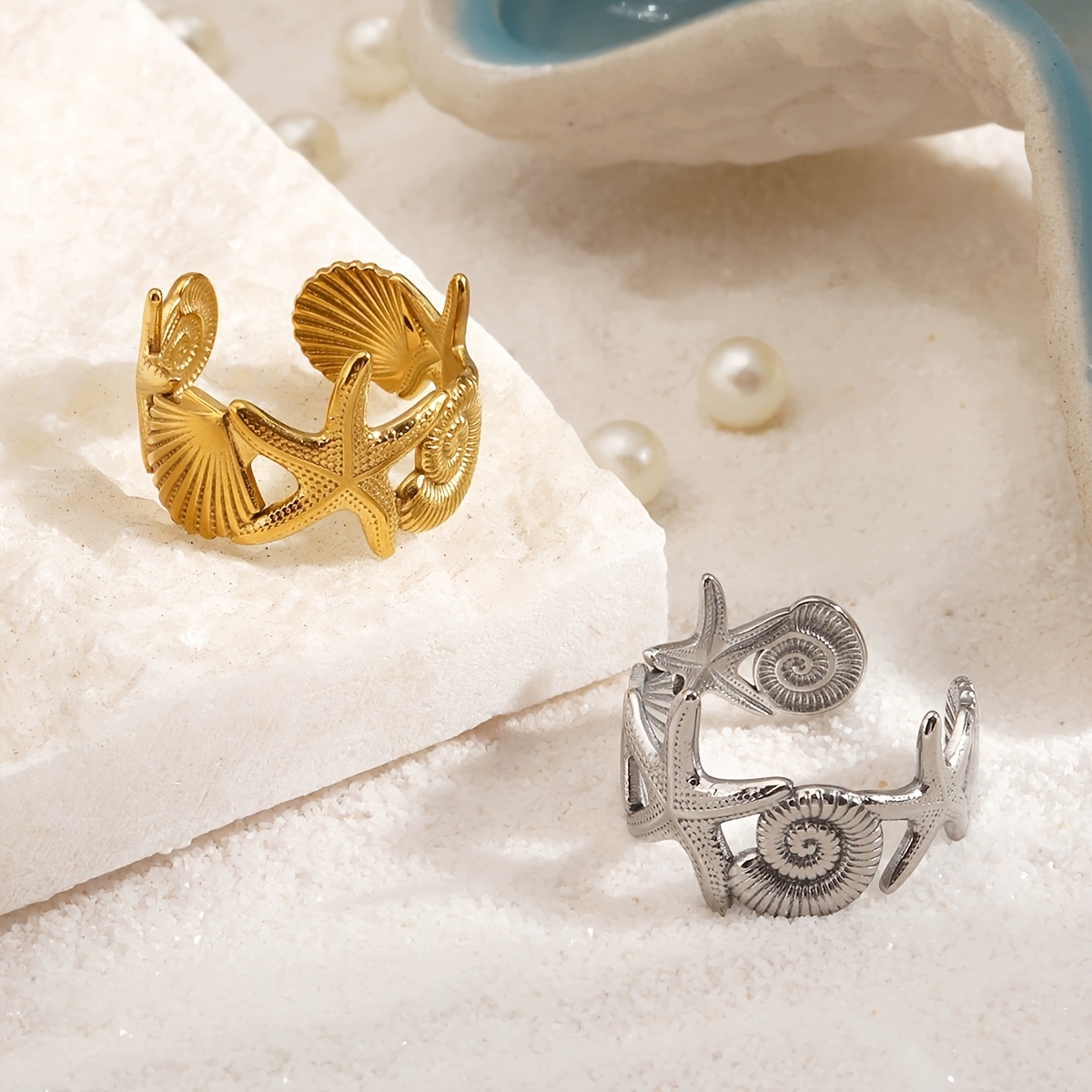 Women's Open-Adjustable Starfish & Seashell Ring