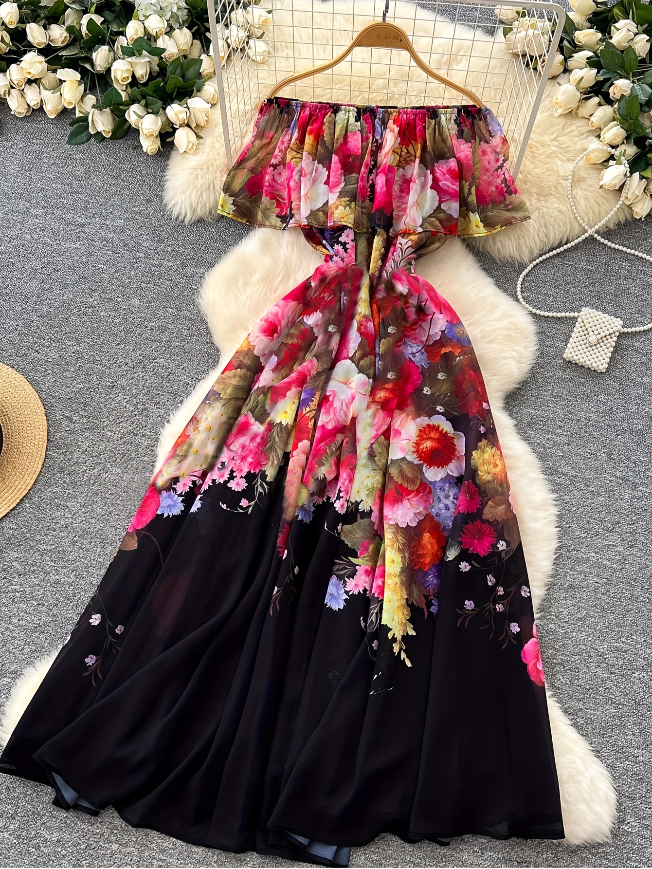 chinese dress ladies Casual Floral Off-The-Shoulder Maxi Dress
