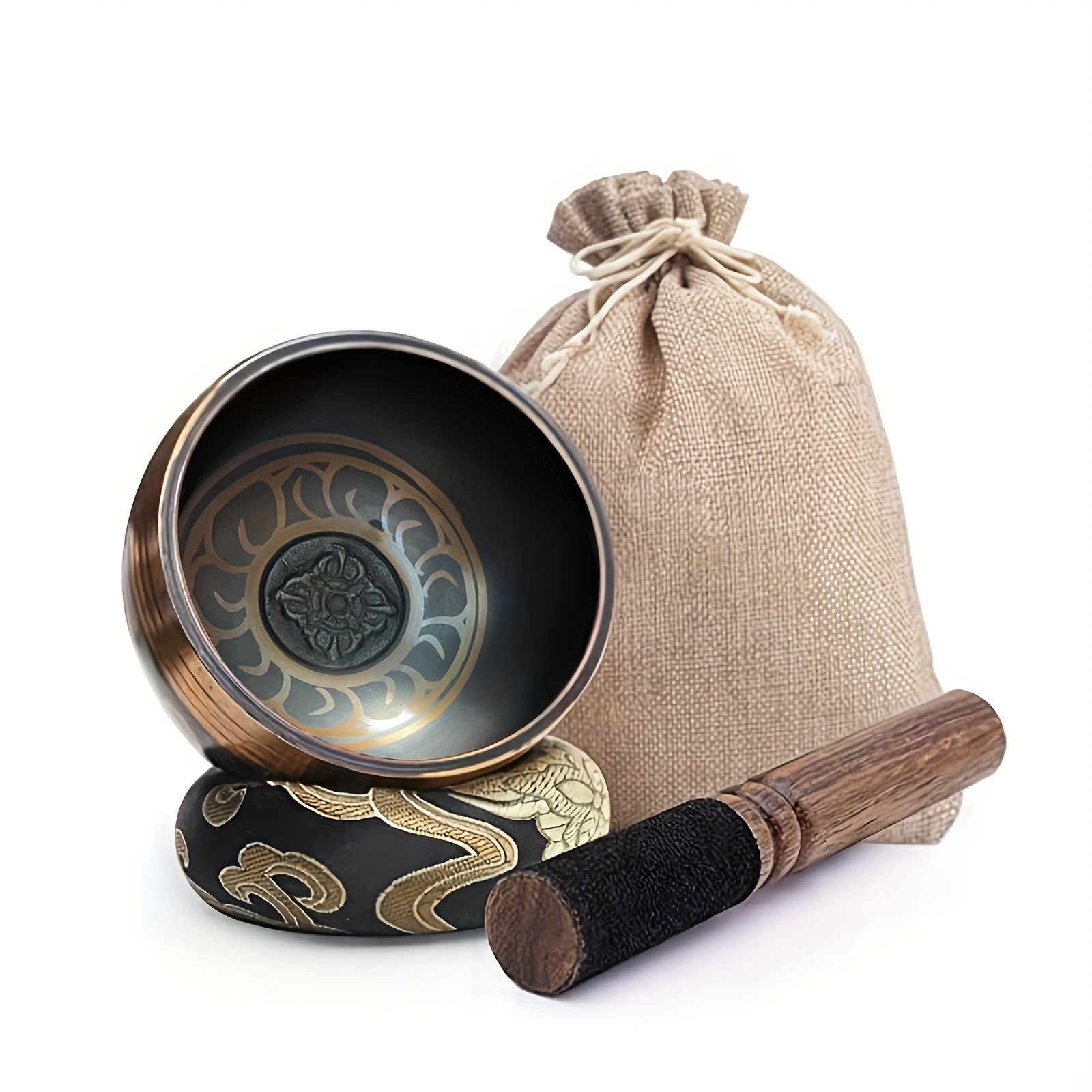 

Handcrafted Tibetan Copper Singing Bowl Set - Golden/black Design With Mallet & Burlap Drawstring Bag For Yoga, Meditation, Mindfulness, Chakra Balancing, Meditation Accessories