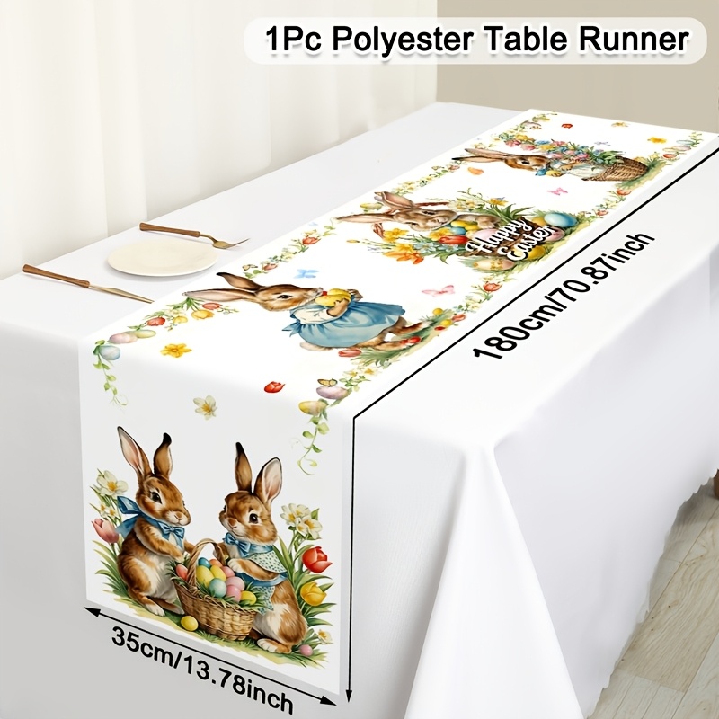 TEMU 1pc Easter Tablecover, Whimsical Bunny Easter Tulips And Basket Designs, 35 X 180cm Polyester Farmhouse Style Easter Tablecloth, Decorations For