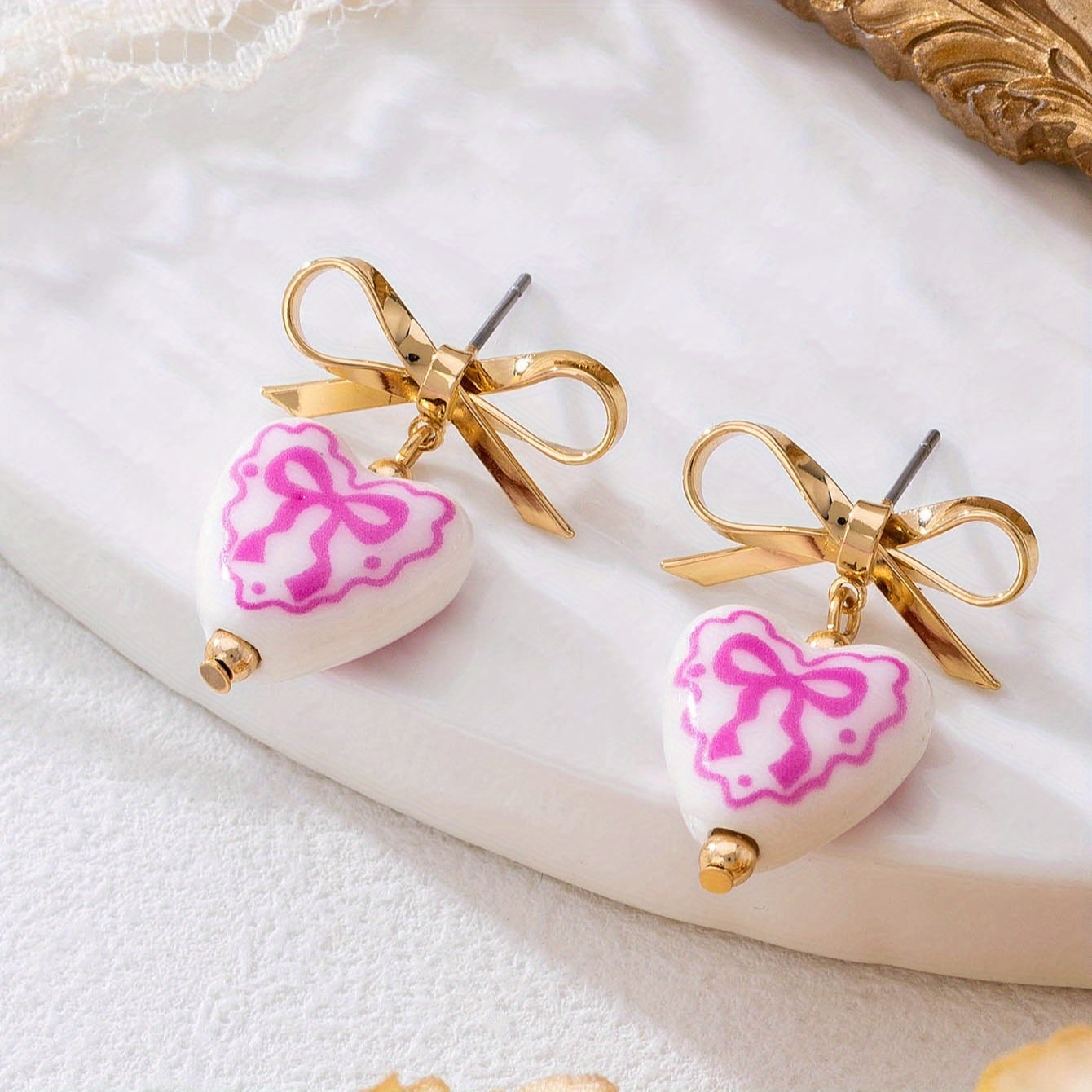 TEMU 2pcs Stylish Elegant Heart Ceramic Bow Metal Earrings Suitable For Women's Vacation And Daily Wear