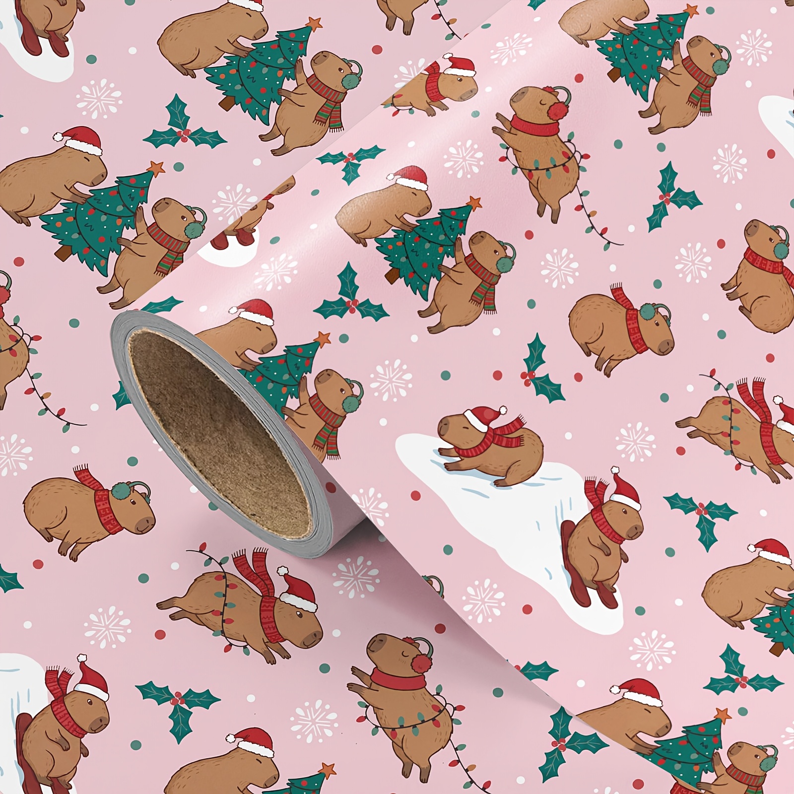 TEMU 1 Rouleau de de Noël et du Nouvel An, Fond Rose avec Dessin Animé de Capybara avec Bonnet de Père Noël, Écharpe, Guirlande Lumineuse, Sapin de