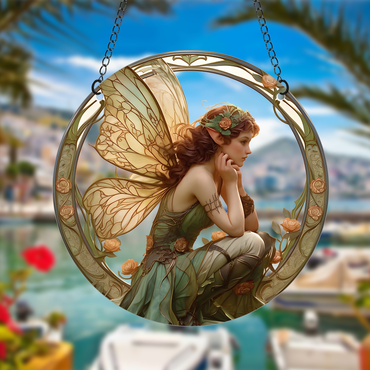

Acrylic Flower Fairy Hanging Decoration - Transparent Round Ornamental Tag With Fairy And Floral Design - Ideal For Home, Bedroom, Living Room, Garden Art Gift - 5.9" Diameter(1pc)