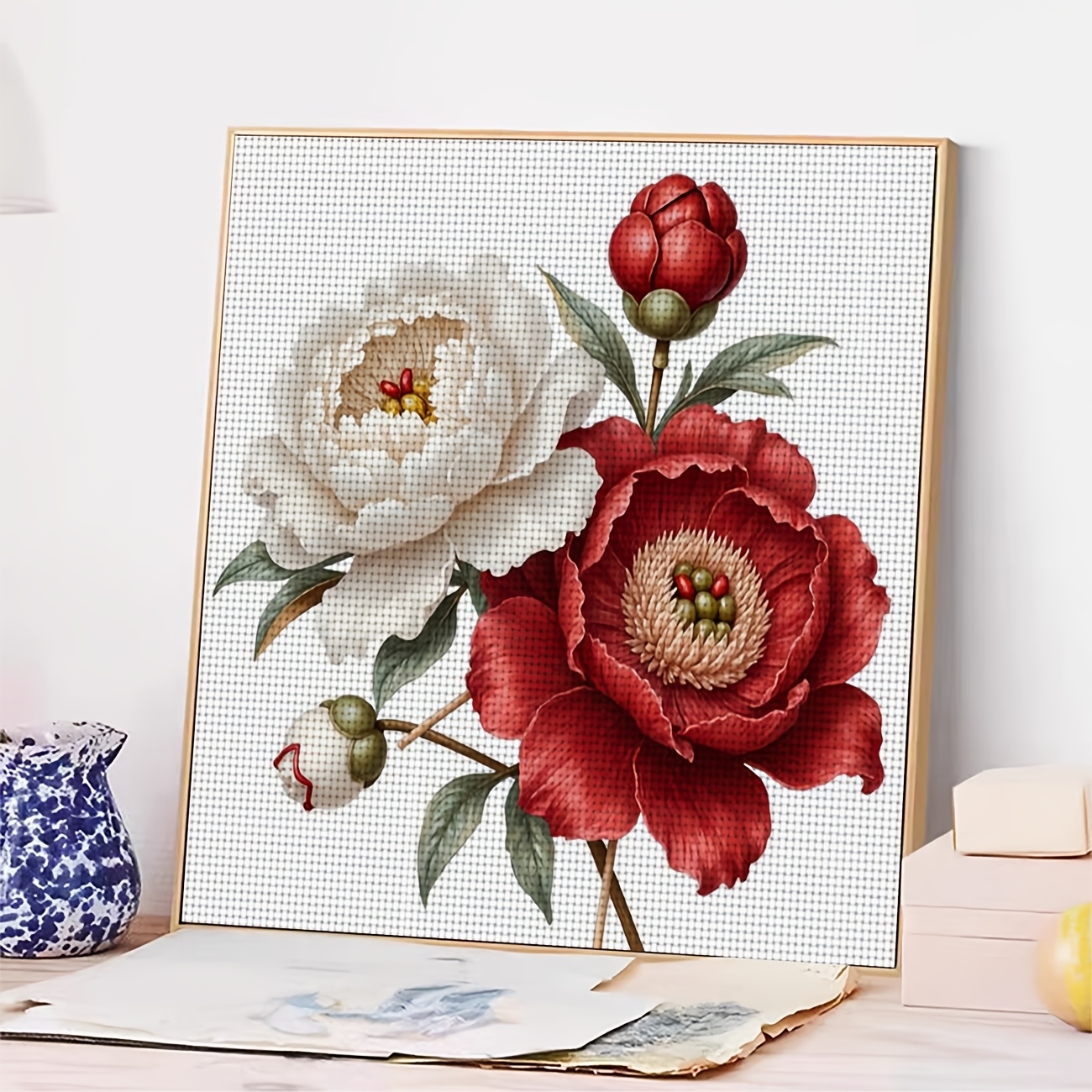 Frameless Cross Stitch Printed Kit, "White Red Peony with Green Leaves" Pattern