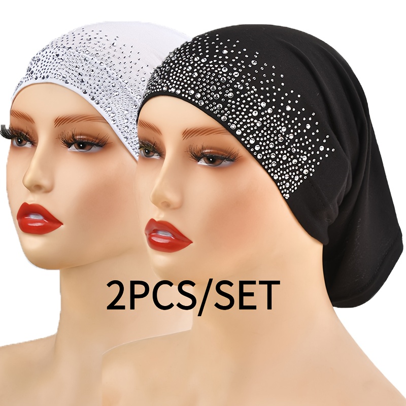 E-shop 2/4 Stück Mode Damen Kopftuch Sternenhimmel Hot Drill Style Leichte Atmungsaktive Konservative Basiskappe Geeignet für Muslimische Frauen