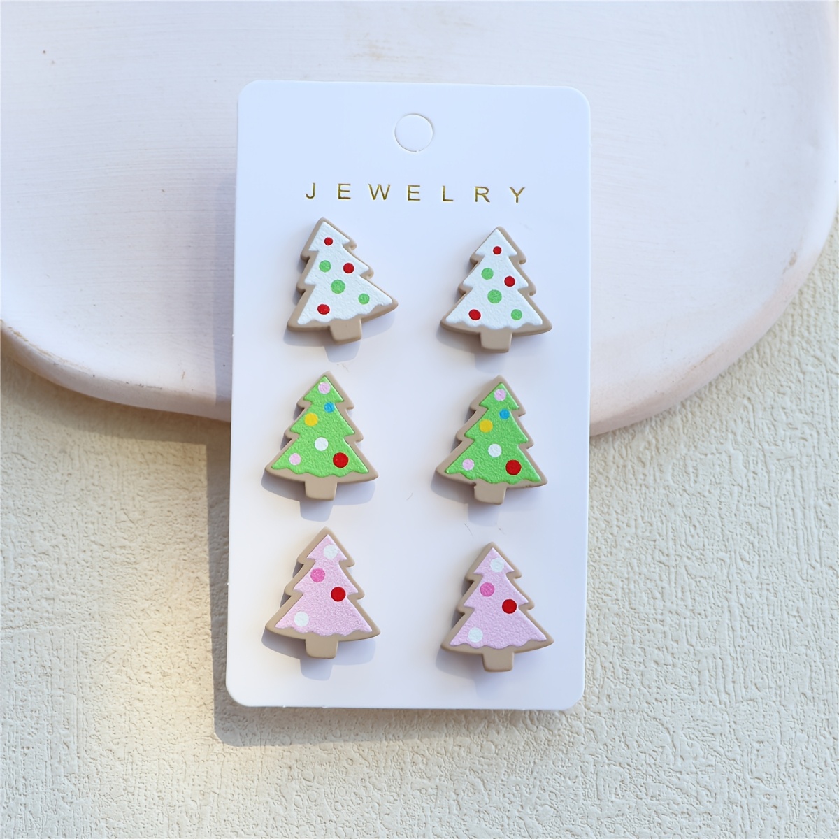 TEMU 3-in-1 Set Of Women's Christmas Acrylic Earrings With -color Christmas Tree Print, Clay Texture, Festive Party Design, With Christmas Lights,