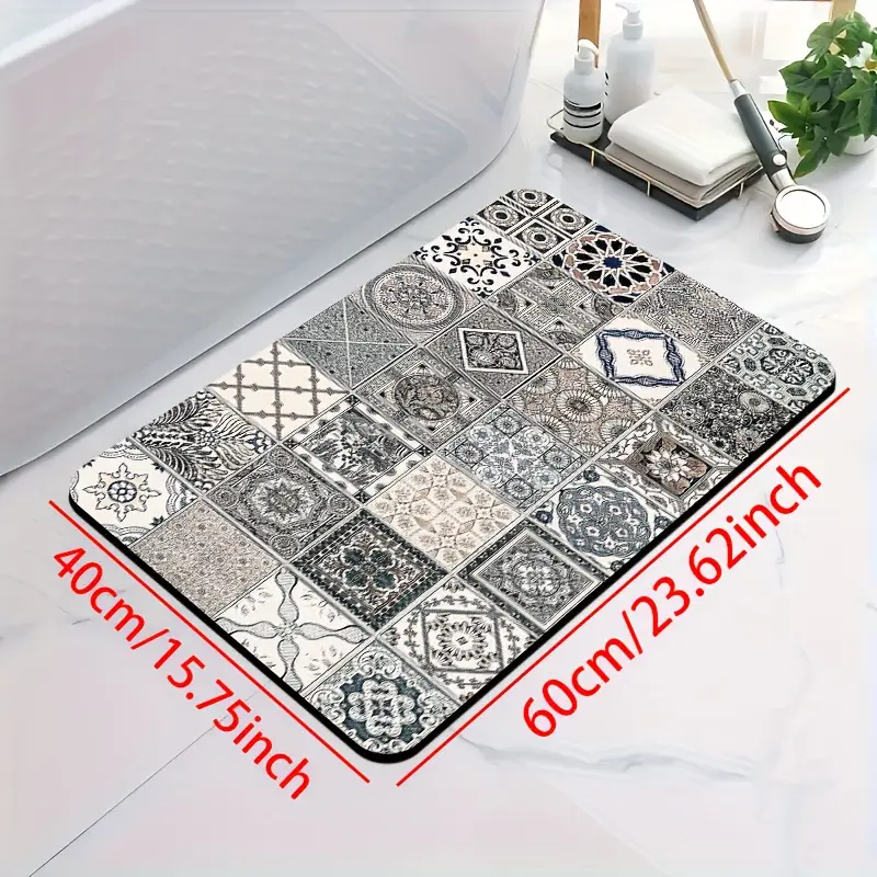 1pc diatomite bath mat classic retro tile pattern print design quick dry non slip absorbent floor mat soft and comfortable for bathroom shower laundry room bedroom doorway kitchen rug rv bathroom Product details 4