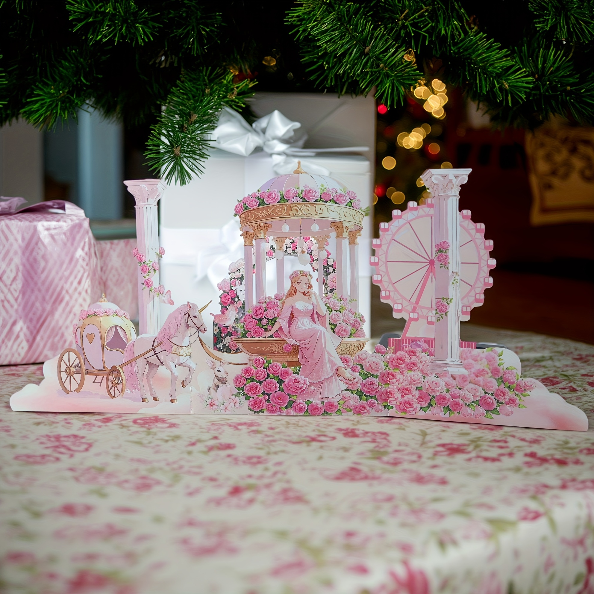 E-shop 3D Stereoskopische Exquisite Grußkarte, und Prinzessin - Schönes Blumen-Pavillon- und Kutschen-Themen-Design, Geeignet für