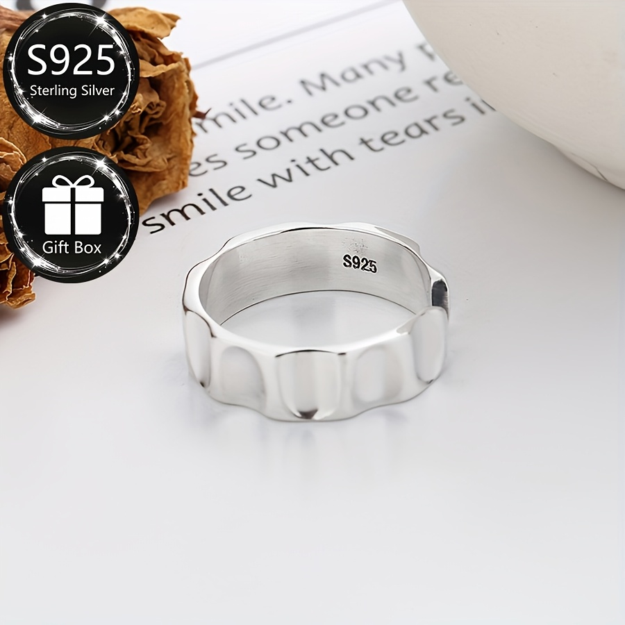 925 Pure Silvery Wide Band Ring Adjustable Opening Wave Texture
