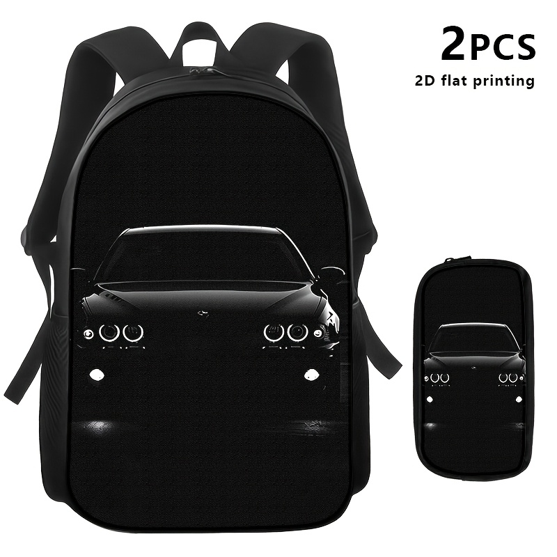 TEMU 1pc/2pcs/3pcs Black Backpack, Shoulder Bag, And Pouch, All Featuring Car Front Headlights Design; Sleek, Minimalist Aesthetic For Adult Daily ,
