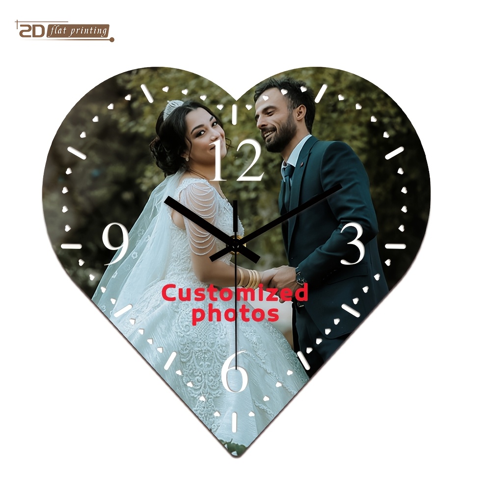 TEMU Heart-shaped Photo Wall Clock With Couple, Wooden Heart-shaped Custom Wall Clock- 2d Flat-printed Peralized Silent Clock, Suitable For Study And