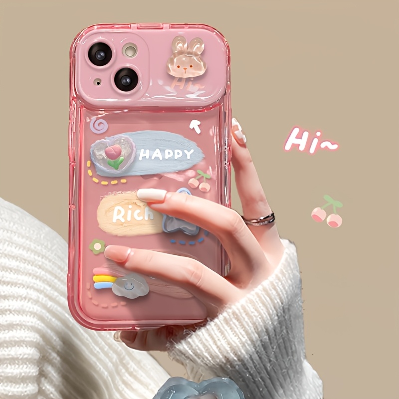 TEMU Phone Case - A Cute 3d Rabbit-themed Flip Mirror Phone Case, Featuring And Heart-shaped Additions That Used As A Minimalist Makeup Mirror.