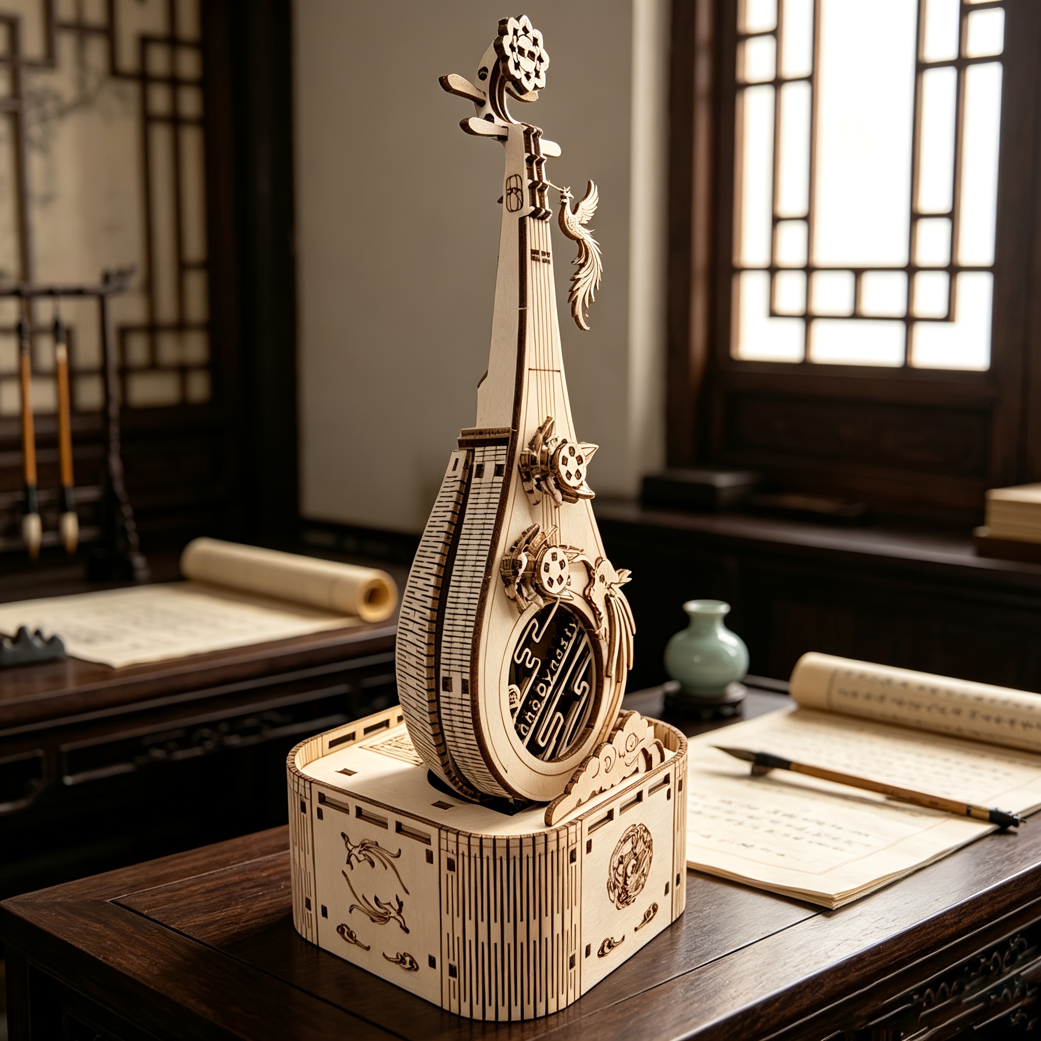 Wooden Pipa Music Box 3D Puzzle, Rotating Ornament