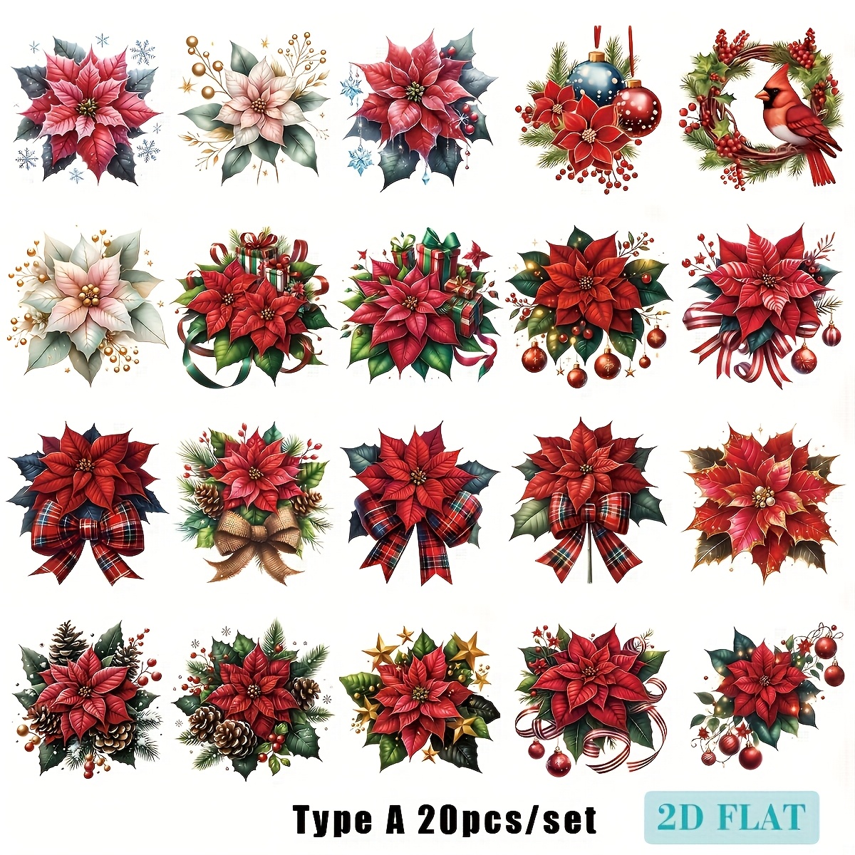 A Pack Of Handmade Creative Retro Christmas Decorations, Red Flowers, Red Clothes, Bird Series, 2d Flat Stickers