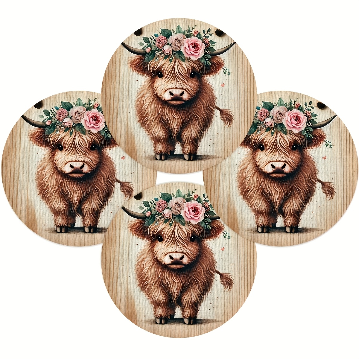 TEMU Lot de 4 sets de table mignons avec vaches Highland et couronnes florales, motif style aquarelle rustique, 100 % , idéal pour cuisine, salle à