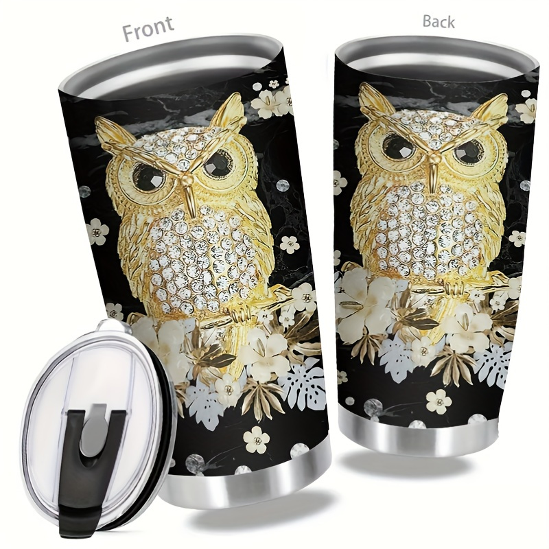 

304 Stainless Steel 20oz Insulated Beverage Holder With Diamond Owl Design, Leakproof Lid & Straw, Ideal Gift For Birthday, Valentine's, Women's Day - 1pc