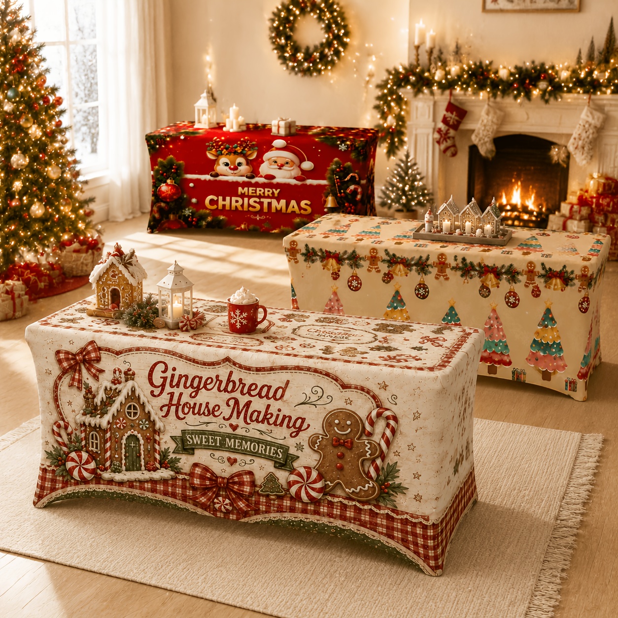 item picture 1pc christmas tablecloth with santa claus gingerbread house tree patterns elastic full edge table cover suitable for family dinners weddings holiday parties rectangular table for xmas decorations