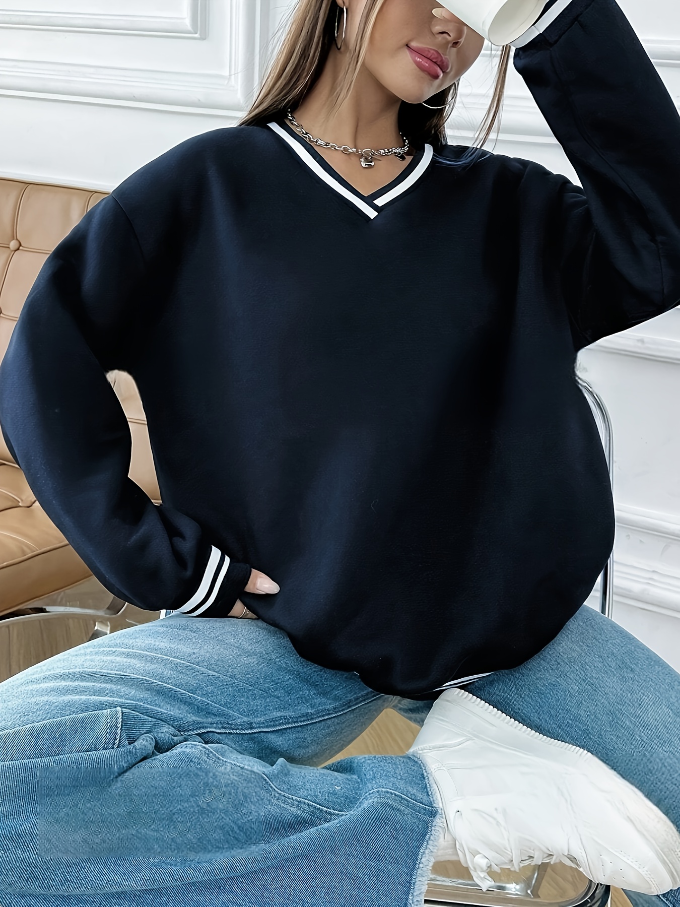 womens navy blue striped cuff drop shoulder sweatshirt Temu Malaysia
