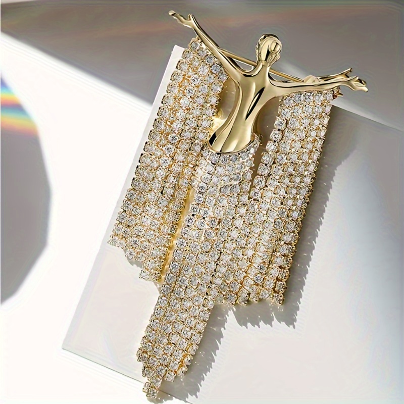 

Elegant French-style Tassel Brooch Pin With Uv Plated Alloy & Rhinestone Mosaic For Sweaters, Coats, And Suit Accessory – All-season Versatile Jewelry