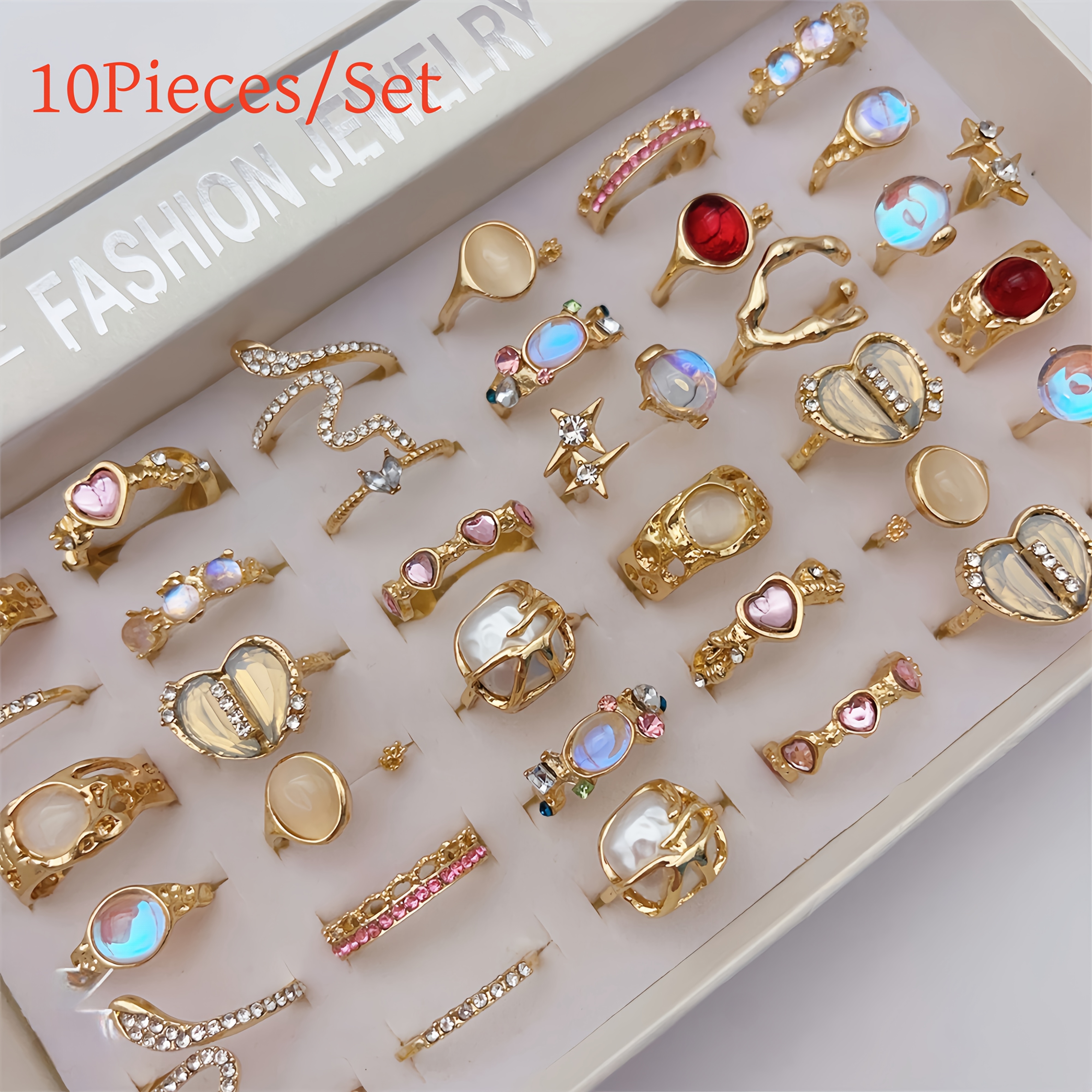 TEMU Conjunto de 10 Anillos de Moda con y para Mujeres Estilo Ajustable Abierto Joyería Diaria Regalos para Fiestas