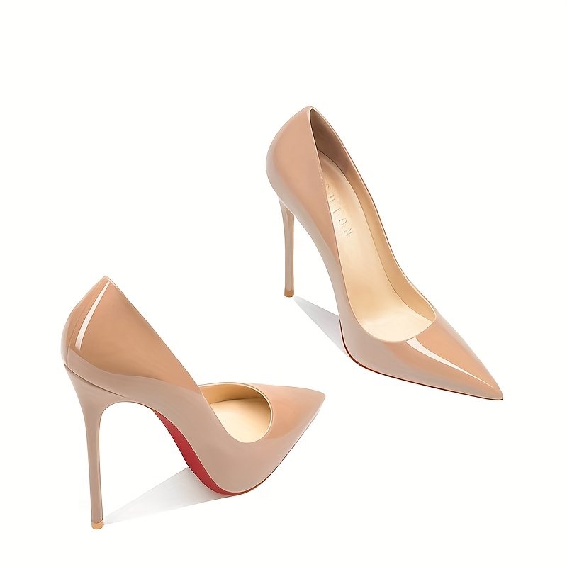 womens nude pointed toe stiletto heels   thin heel pu cover pumps with red accent   versatile dress shoes for weddings parties formal events wedding guest shoes sophisticated footwear glossy   shoes 0