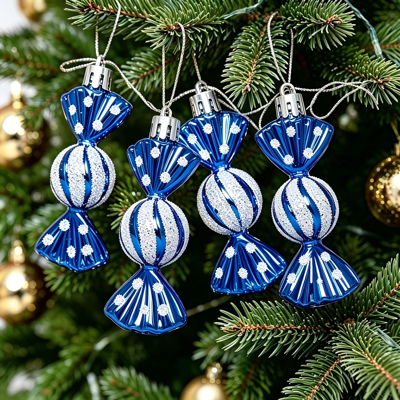 TEMU Lot de 4 décorations de Noël bleues à suspendre, décorations peintes pour sapin de Noël, décorations de Noël , accessoires de décoration à