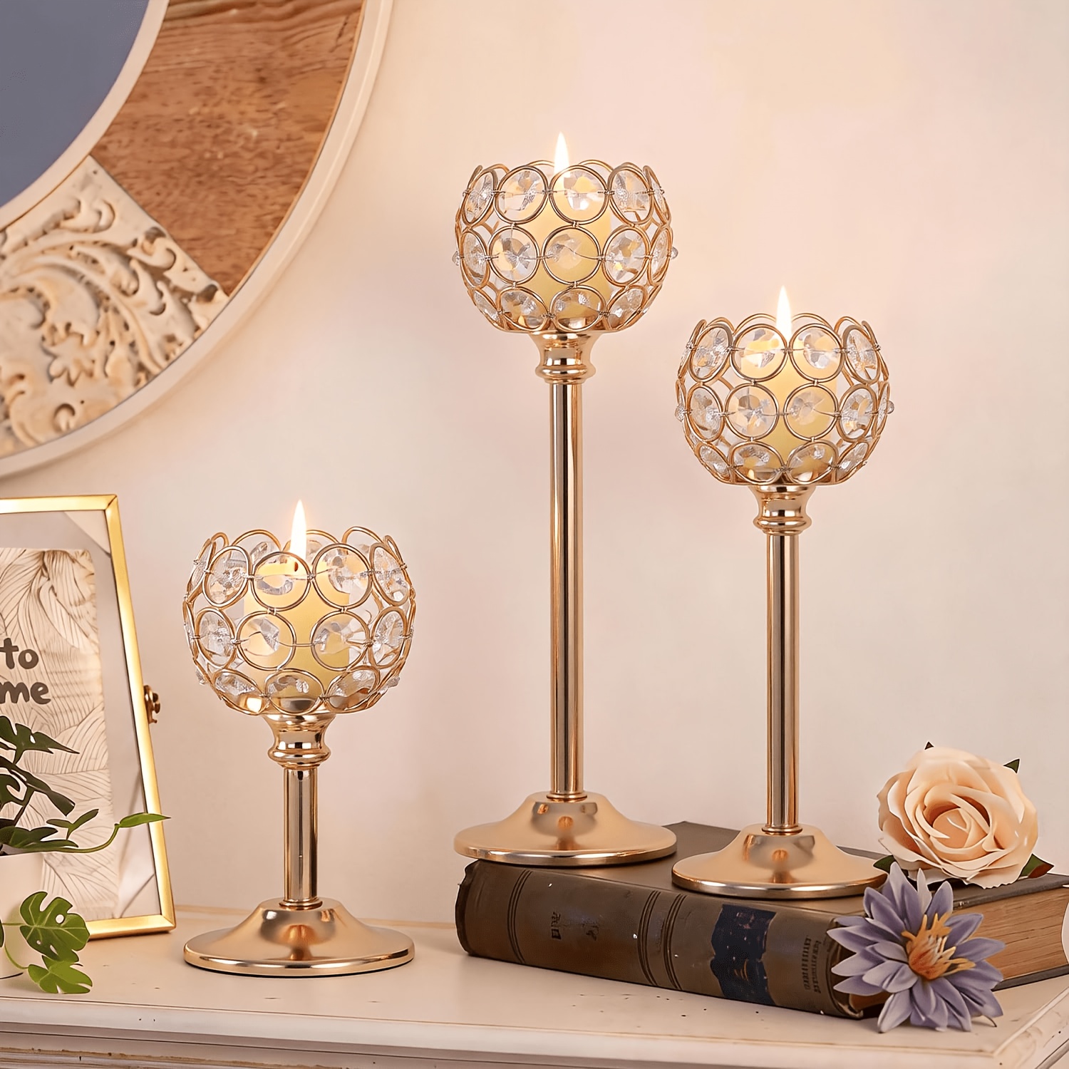 TEMU Ensemble de 3 bougeoirs en cristal, bougeoirs résistants au vent, accessoires de photographie pour dîner de Noël et d'Halloween, décoration pour