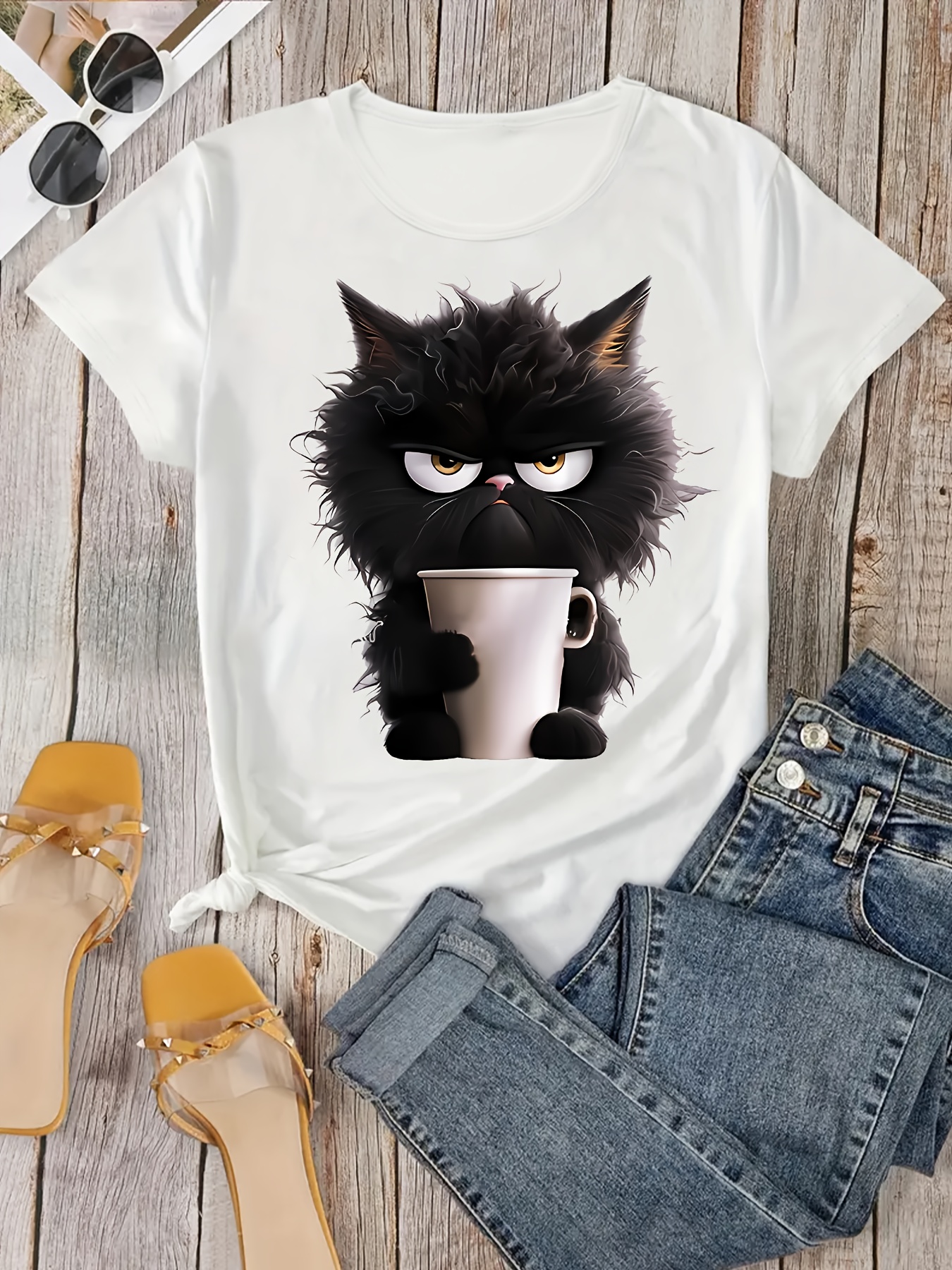 Women's Casual Sporty T-Shirt, Black Cat Print, Comfort Fit Short Sleeve Tee, Fashion Breathable Casual Top