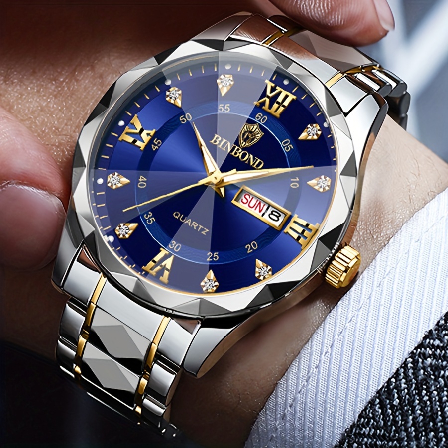 1pc Binbond Men's Business Watch, Stainless Steel Quartz Movement, Round Zinc Alloy Case, Luminous Dual Calendar, Battery Powered with Electronic Drive
