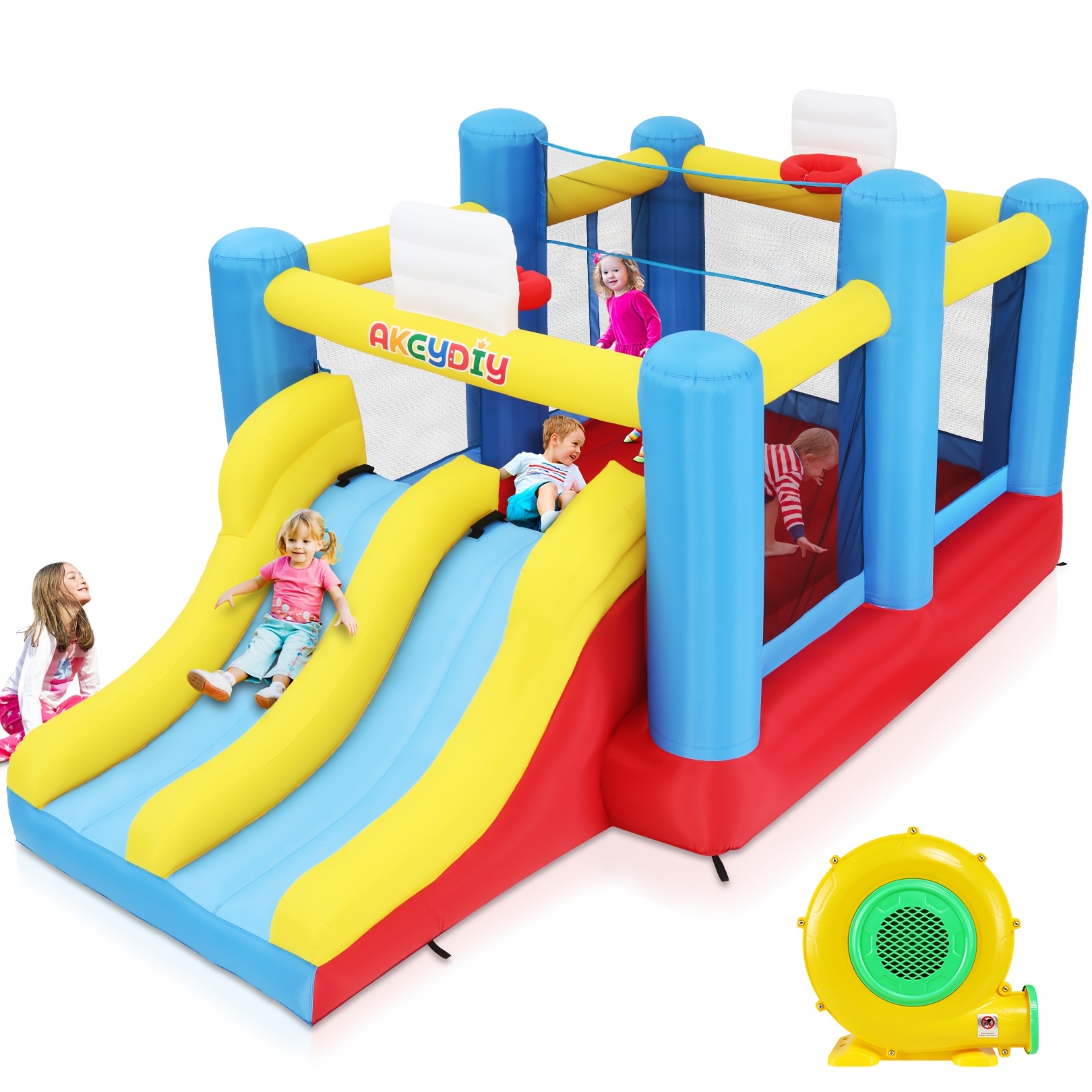 House For Kids Girls/boys Gifts, 15ft Ball Game Inflatables Bouncy House With Double Slide 3-12 Bouncy Castle With Blower, With Double Slide, Double Basketball Hoop