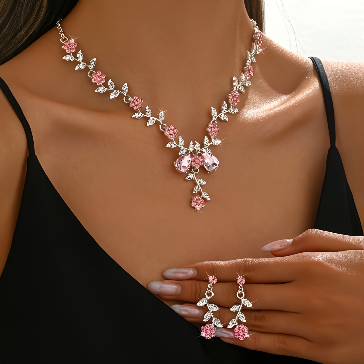2pc Wedding Pink Necklace & Earrings Set