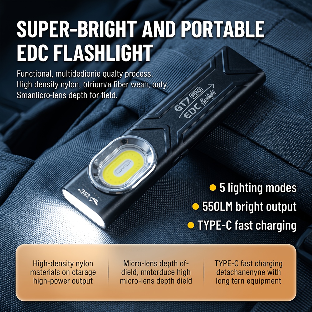 TEMU SMILING SHARK Lampe de poche portable rechargeable par USB-C avec base magnétique et clip, Lampe de travail COB à faisceau réglable, Lampe