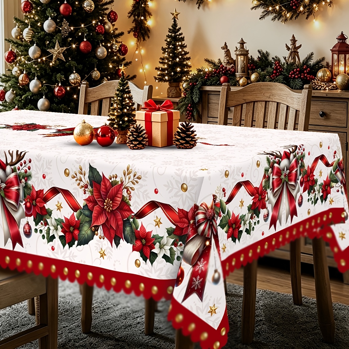 TEMU 1pc 1pcs Festive Christmas Tablecloth Suitable For Indoor/outdoor Use With Poinsettia, Reindeer, Bow & Snowflake Patterns - Easy-clean Table