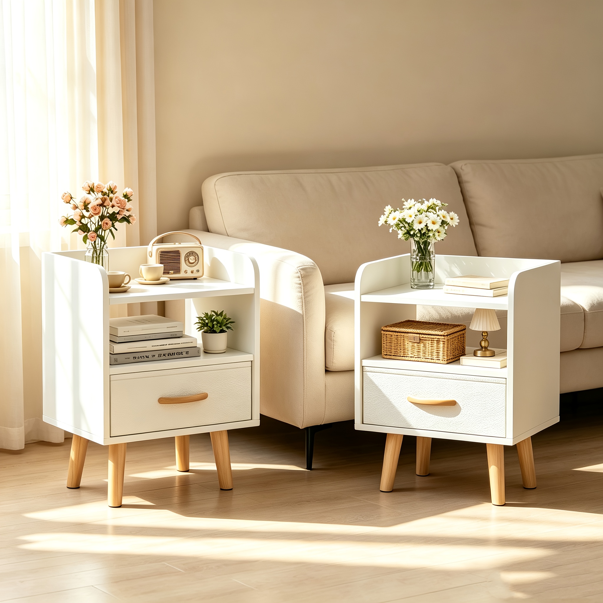Image of 2pcs Set Of Nightstand And Side Table, With 1 Fabric Drawer, 1 Storage Compartment And A Small Side Table - Space-saving, Ideal For Small Apartments And Bedrooms, In