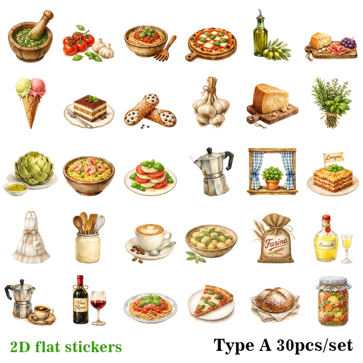 TEMU 30pcs/set Handmade Creative Retro Pizza Series Stickers For Trash Journal Scrapbook Decoration Cutting Album Stickers 2d Flat Stickers