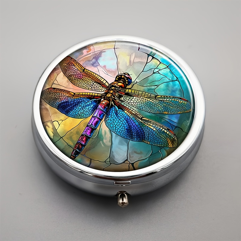 Cartoon Dragonfly Theme Three-compartment Medicine Box, Multifunctional Portable Design, Metal Medicine Storage Box, Suitable For Wallets And Pockets